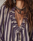 Deep V Vertical Striped Loose Blouse