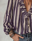 Deep V Vertical Striped Loose Blouse