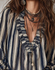 Deep V Vertical Striped Loose Blouse