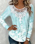Lace-Trimmed Round-Neck Floral Long-Sleeved Top