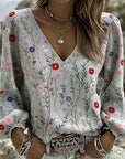 Floral Print Bubble Sleeve V-Neck Blouse