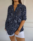 V-Neck Button-Down Printed Blouse