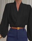 Fashion solid color V-neck lantern sleeve blouse