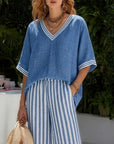 V-Neck Batwing Sleeve Stripe Wide Leg Pants Set