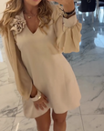 Three-Dimensional Flower V-Neck Lantern Sleeve Dress VIP