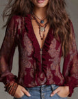 Half-Zip Ruffle Retro Blouse