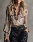 Vintage Lantern Sleeve Ruffled V-Neck Blouse