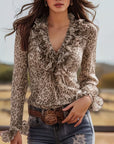 Ruffled V-Neck Leopard Print Blouse
