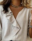Ruffled Solid-Color Long-Sleeved Blouse