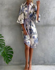 French Lantern Sleeve Notched Collar Printed Dress