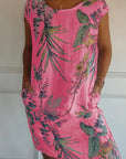 Short Sleeve Printed Pocket Crew Dress