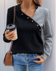 Decorative Button Contrast Long Sleeve Sweater