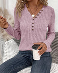 Ribbed Button Front Casual V Neck Long Sleeve Sweater