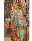 Casual Leopard and Colorful Print Deep V Dress