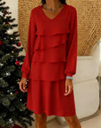 V-Neck Long Sleeve Tier Layer Dress