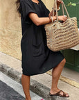 Square Neck Rolled Hem Short Sleeve Loose Pocket Dress