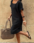 Square Neck Rolled Hem Short Sleeve Loose Pocket Dress