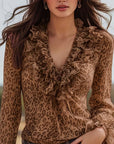 Ruffled V-Neck Leopard Print Blouse