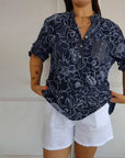 V-Neck Button-Down Printed Blouse