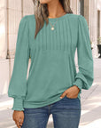 Balloon Sleeve Crewneck Pleated Top