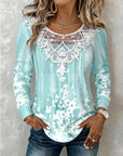 Lace-Trimmed Round-Neck Floral Long-Sleeved Top