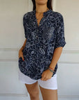 V-Neck Button-Down Printed Blouse