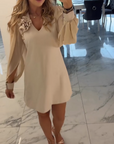 Three-Dimensional Flower V-Neck Lantern Sleeve Dress VIP