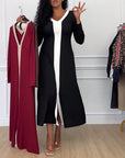 Contrast Color V-Neck Slit Elegant Dress