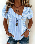 Striped Puff Sleeve Asymmetrical Blouse