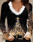 Christmas Print Fur Collar Top