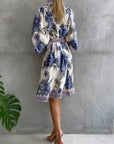 French Lantern Sleeve Notched Collar Printed Dress