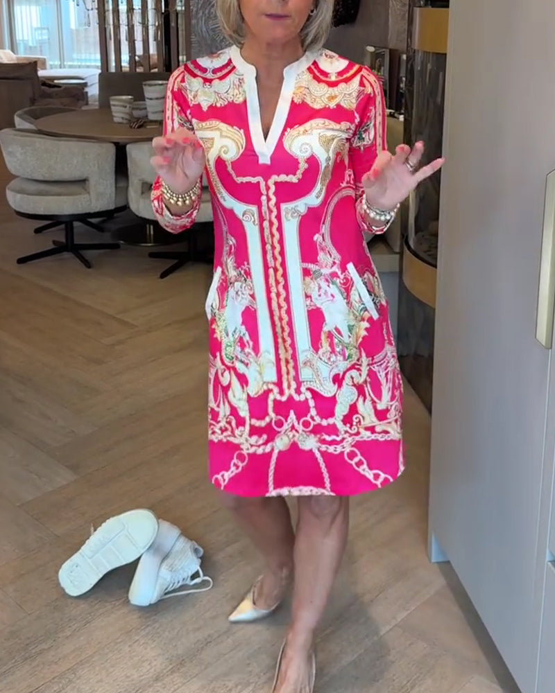 V-Neck Three-Quarter Sleeve Printed Straight Dress