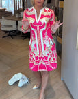 V-Neck Three-Quarter Sleeve Printed Straight Dress