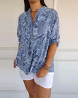 V-Neck Button-Down Printed Blouse