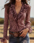 Ruffled V-Neck Leopard Print Blouse