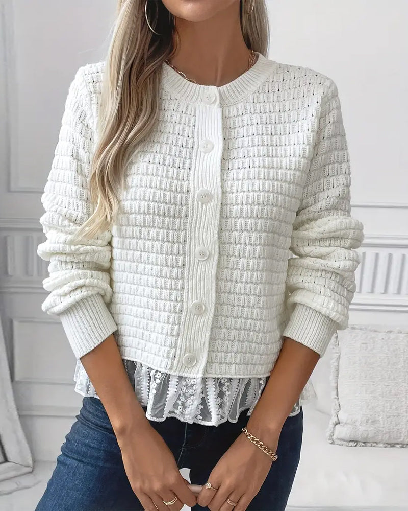 Long-Sleeved Lace-Paneled Sweater Coat