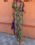 Elegant leaf print deep V puff sleeve A-line dress