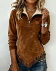 Half-Zip Asymmetric Fringe Sweatshirt