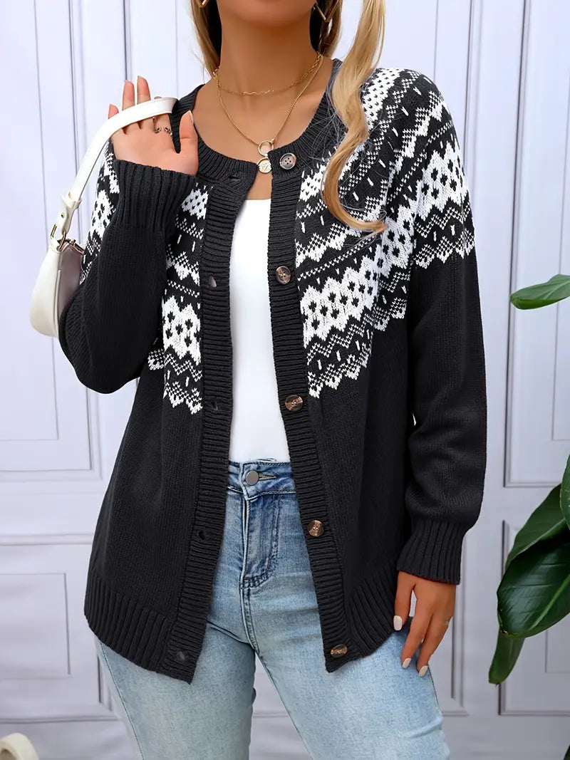 Women's Geometric-Patterned Acrylic Knit Cardigan
