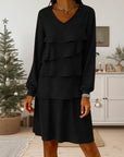 V-Neck Long Sleeve Tier Layer Dress