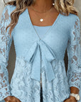 Solid Color Bell Sleeve V-Neck Blouse