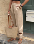 Textured Floral Pattern Cut-Out Hem Casual Pants