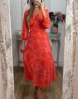 V-neck Waist-Cinching Printed Dress