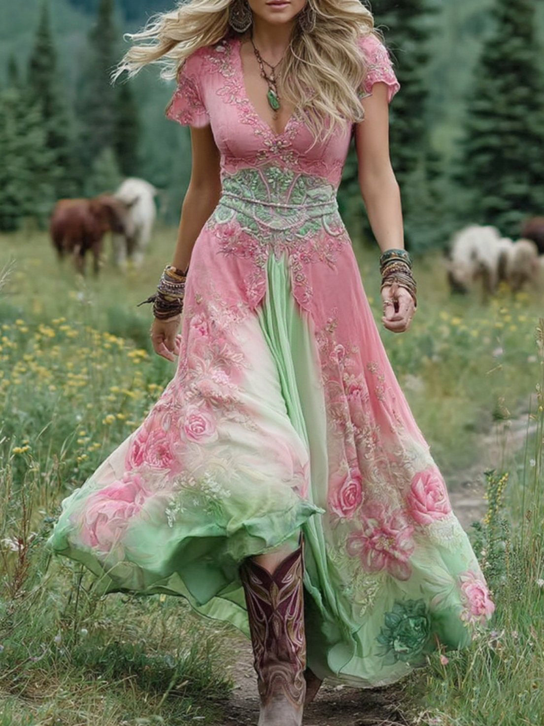 Elegant Maxi Dress With Floral Shades