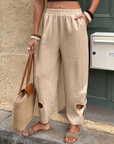 Textured Floral Pattern Cut-Out Hem Casual Pants
