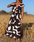 Patterned Deep V Midi Dress