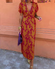 Elegant leaf print deep V puff sleeve A-line dress