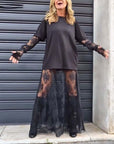 Two-piece set - solid color T-shirt and lace skirt