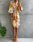French Lantern Sleeve Notched Collar Printed Dress