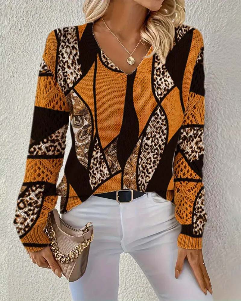 V-Neck Hollow Leopard Print Sweater